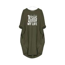 Vestido Feminino plus Size Casual De Verão Com Estampa JESUS SAVED MYLIFE, Manga Comprida, Gola
