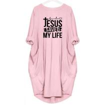 Vestido Feminino plus Size Casual De Verão Com Estampa JESUS SAVED MYLIFE, Manga Comprida, Gola
