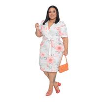 Vestido Feminino Plus Size Casual Midi Moda Evangélica Verão Floral Gola V Manga Princesa Amarração