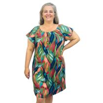 Vestido Feminino Plus Size Ciganinha Estampado Manga Curta Midi