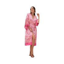 Vestido Feminino plus Size Com Estampa Animal Boho, Decote Em V, Manga Morcego, Solto E Com Fenda