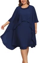 Vestido feminino plus size de 2 peças para a mãe da noiva, chiffon esvoaçante com babados, vestido de noiva com jaquetas, azul marinho, 16 W