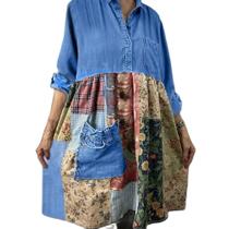 Vestido Feminino plus Size De Manga Longa Vintage Com Gola Lapela Casual Elegante Em Denim Com