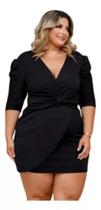 Vestido Feminino Plus Size Decotado Preto Manga