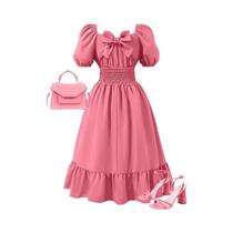 Vestido Feminino plus Size Elegante Casual De Manga Lanterna Com Laço E Ombro a Ombro Cor Sólida Vestido Feminino plus Size Elegante Casual De Manga Lanterna Com Laço E Ombro a Ombro Cor Sólida