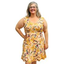 Vestido Feminino Plus Size Estampado Gola V Regata Frente Forrada