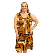 Vestido Feminino Plus Size Estampado Gola V Regata Frente Forrada