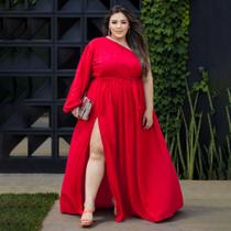 Vestido Feminino Plus Size Longo Manga longa Única Ajustável Ao Corpo Com Fenda E Faixa