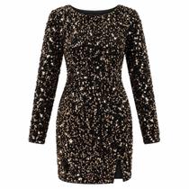 Vestido Feminino Preto Curto Veludo Paetê Manga Longa 377034Z-3-PLUS Cor:PretoTamanho:P - Malaysia Collection