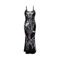 Vestido Feminino Preto Gótico Sem Mangas Com Estampa De Esqueleto, Costas Abertas, Fenda Longa, Vestido Feminino Preto Gótico Sem Mangas Com Estampa De Esqueleto, Costas Abertas, Fenda Longa,