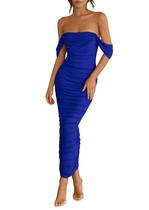 Vestido feminino PRETTYGARDEN 2025, verão, sem ombros, azul