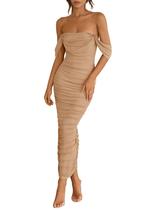 Vestido feminino PRETTYGARDEN 2025, verão, sem ombros, cáqui Vestido feminino PRETTYGARDEN 2025, verão, sem ombros, cáqui