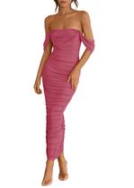 Vestido feminino PRETTYGARDEN 2025, verão, sem ombros, rosa escuro Vestido feminino PRETTYGARDEN 2025, verão, sem ombros, rosa escuro