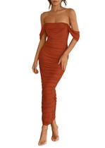 Vestido feminino PRETTYGARDEN 2025, verão, sem ombros, vermelho ferrugem Vestido feminino PRETTYGARDEN 2025, verão, sem ombros, vermelho ferrugem