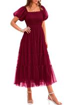 Vestido feminino PRETTYGARDEN com avental midi de tule vermelho vinho Vestido feminino PRETTYGARDEN com avental midi de tule vermelho vinho