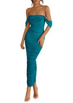 Vestido feminino PRETTYGARDEN, de verão, sem ombros, franzido, maxi Vestido feminino PRETTYGARDEN, de verão, sem ombros, franzido, maxi