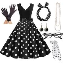 Vestido Feminino Retrô Vintage De Bolinhas Estilo Rockabilly Com Saia Godê E Conjunto De Acessórios Vestido Feminino Retrô Vintage De Bolinhas Estilo Rockabilly Com Saia Godê E Conjunto De Acessórios