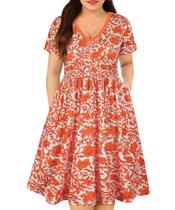 Vestido feminino RITERA Plus Size, laranja, floral, decote em V, manga curta