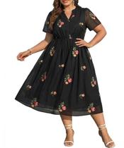 Vestido feminino RITERA plus size preto floral de chiffon midi