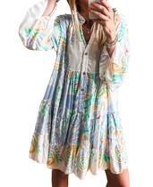 Vestido feminino SELINK, manga comprida, decote em V, estampa tribal, mini