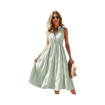 Vestido Feminino Sem Mangas Listrado Com Decote Em V, Estilo A-Line, Casual De Verão, Longo Com Vestido Feminino Sem Mangas Listrado Com Decote Em V, Estilo A-Line, Casual De Verão, Longo Com