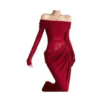 Vestido Feminino Sexy De Malha Com Patchwork, Decote Canoa, Franzido, Elegante Para Primavera, Festa