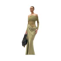Vestido Feminino Sexy De Malha Com Patchwork, Decote Canoa, Franzido, Elegante Para Primavera, Festa