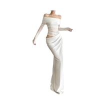 Vestido Feminino Sexy De Malha Com Patchwork, Decote Canoa, Franzido, Elegante Para Primavera, Festa