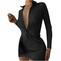 Vestido feminino sexy fashion manga comprida cor sólida slim lapela festa clube Vestido feminino sexy fashion manga comprida cor sólida slim lapela festa clube