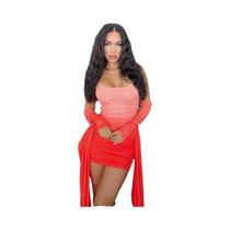 Vestido Feminino Sexy Transparente Com Drapeado E Xale Para Férias De Verão, Estilo Coquette, Justo,