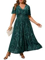 Vestido feminino simples com decote em V plus size, veludo, casamento 3GG, verde