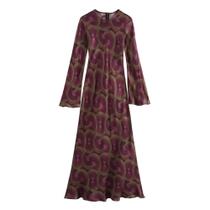 Vestido Feminino Slim Fit Com Estampa Geométrica Textura De Seda Manga Longa Decote Redondo Saia