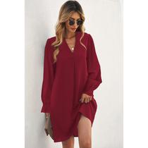 Vestido feminino solto de manga comprida em fibra de poliéster vermelha