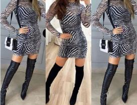 Vestido feminino tule manga longa zebra sem forro moda feminina