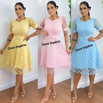 Vestido Feminino Tule Moda Evangélica Com Cinto Malha Canelado Midi Vestido Feminino Tule Moda Evangélica Com Cinto Malha Canelado Midi