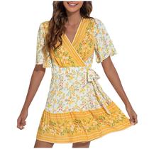 Vestido feminino verão casual manga curta com decote em v vintage estampado vestido fino