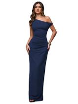 Vestido feminino Verdusa, sem ombros, franzido, maxi, azul escuro Vestido feminino Verdusa, sem ombros, franzido, maxi, azul escuro