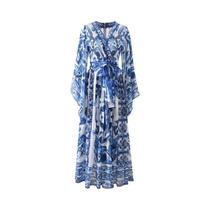 Vestido Feminino Vermelho, Azul E Branco Com Estampa De Porcelana, Estilo Vintage Boêmio, Soltinho,