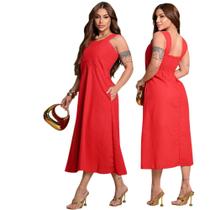 Vestido Feminino Vermelho Elegante Linho Premium Longo Forrado Alça Larga Moda Clássica Festas