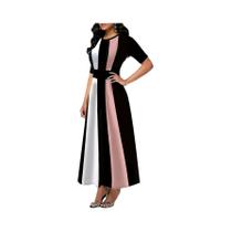 Vestido Feminino Vintage Com Bloco De Cores E Gola Redonda De Manga Curta Para Primavera Verão