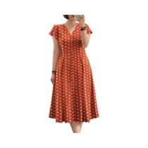 Vestido Feminino Vintage Com Bolinhas Na Altura Do Meio Da Panturrilha, Decote Em V, Manga Curta,