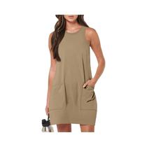 Vestido Feminino Vintage De Cor Sólida, Sem Mangas, Gola Redonda, Com Bolsos, Vestido Casual De