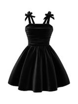Vestido feminino WDIRARA, com laço, sem mangas, uma linha, com babados, preto Vestido feminino WDIRARA, com laço, sem mangas, uma linha, com babados, preto