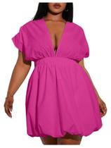 Vestido feminino WDIRARA plus size com decote em V profundo Bubble Mini rosa choque Vestido feminino WDIRARA plus size com decote em V profundo Bubble Mini rosa choque