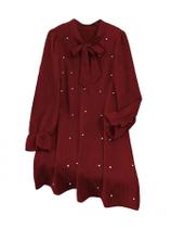 Vestido feminino WDIRARA plus size com miçangas de pérolas e gola bordô