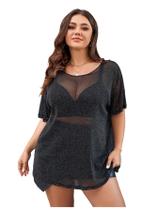 Vestido feminino WDIRARA plus size Y2K Drop Shoulder Mesh, vermelho