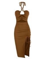 Vestido feminino ZAFUL sem mangas Midi Halter Criss Cross Coffee