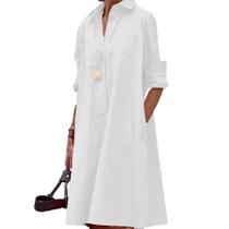 Vestido feminino Zhyaj branco com decote em V, manga comprida, midi