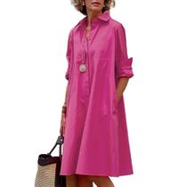 Vestido feminino Zhyaj, manga comprida, botão, rosa, decote em V