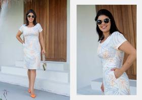 Vestido Femino Casual Midi Branco Floral